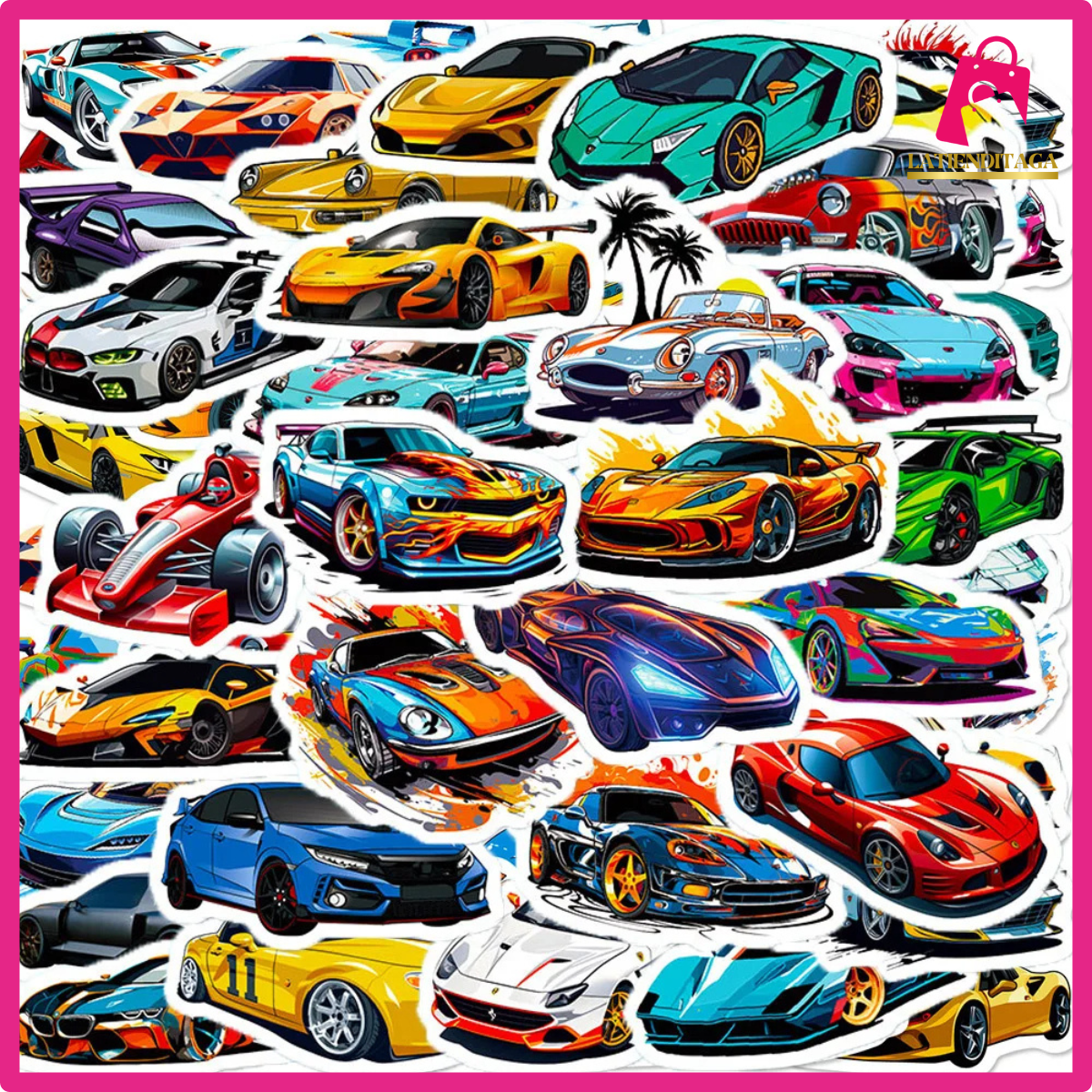 50 pegatinas de coches de carreras de anime: pegatinas de viaje, scrapbooking y pared para niños
