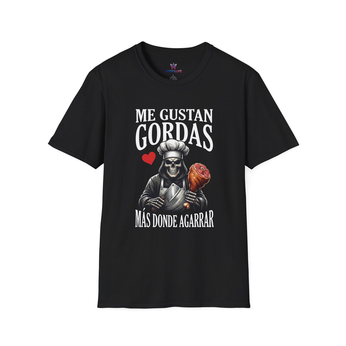 Me Gustan Gordas T-Shirt | Skull Chef Illustration, Heart and Food Graphic