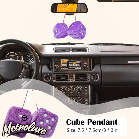 Retro Square Mirror Pendant & Furry Plush Dice – Car Interior Decoration