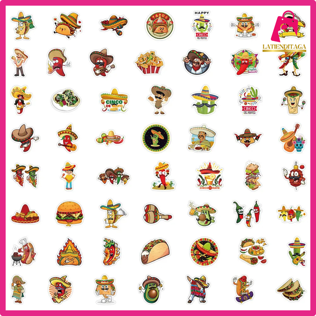 100 pegatinas de dibujos animados de festivales de comida mexicana: calcomanías impermeables para niños