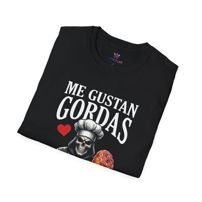 Me Gustan Gordas T-Shirt | Skull Chef Illustration, Heart and Food Graphic
