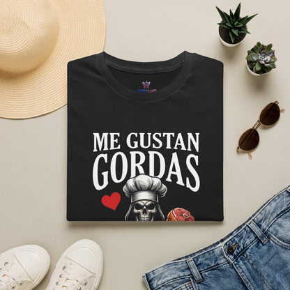 Me Gustan Gordas T-Shirt | Skull Chef Illustration, Heart and Food Graphic