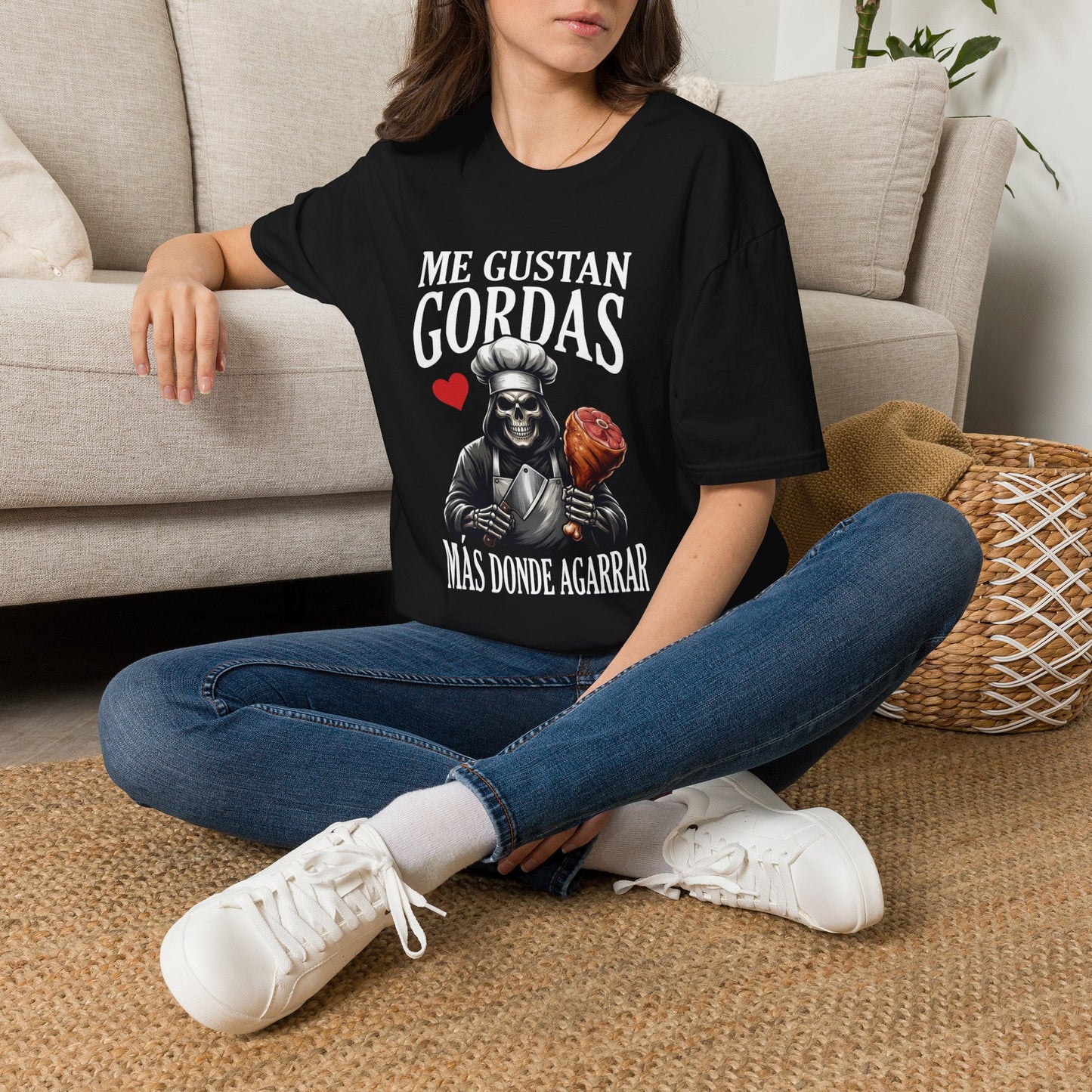 Me Gustan Gordas T-Shirt | Skull Chef Illustration, Heart and Food Graphic
