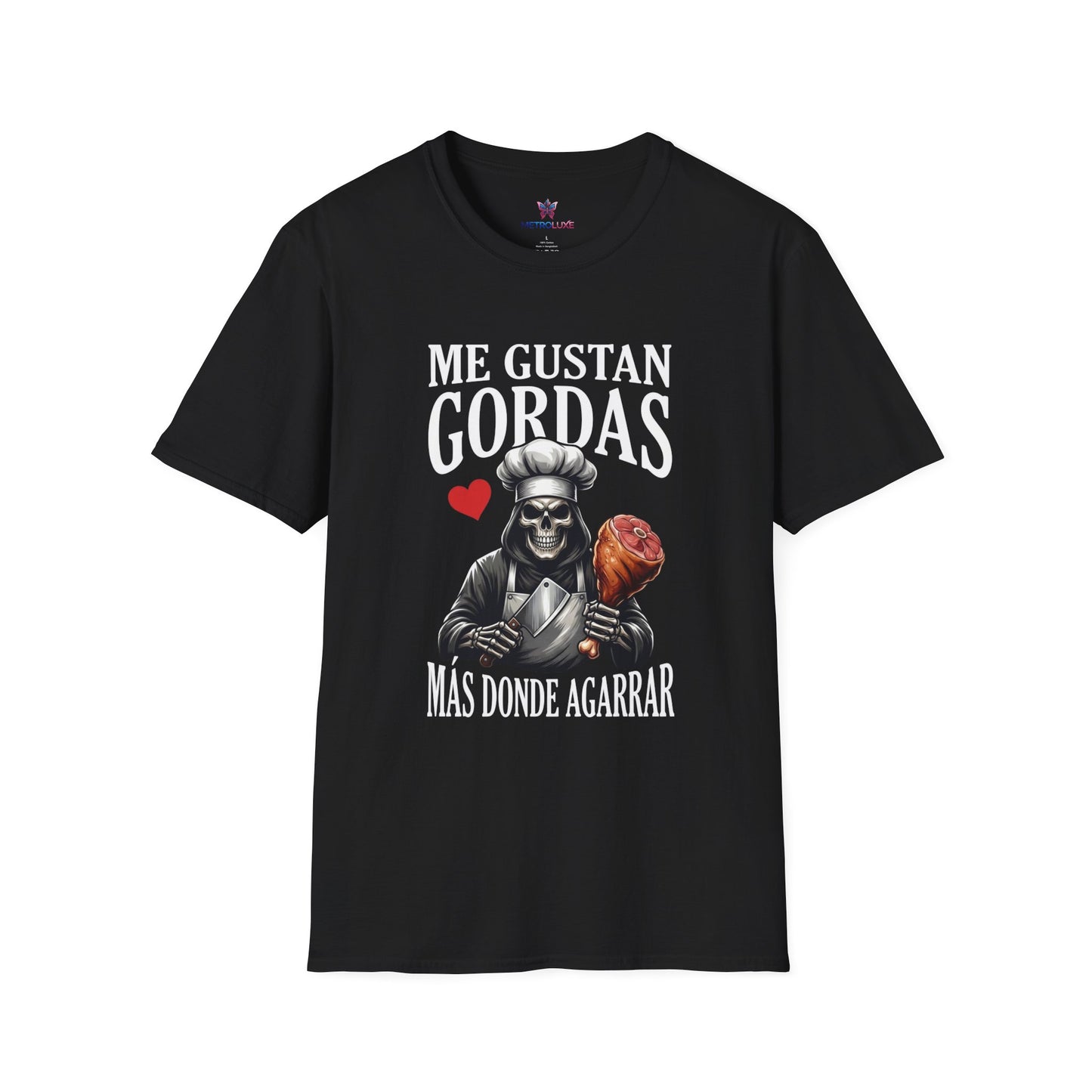 Me Gustan Gordas T-Shirt | Skull Chef Illustration, Heart and Food Graphic