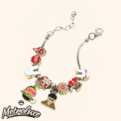 Bracelet with colorful charms on a white background, featuring the brand 'Metroluxe'.
