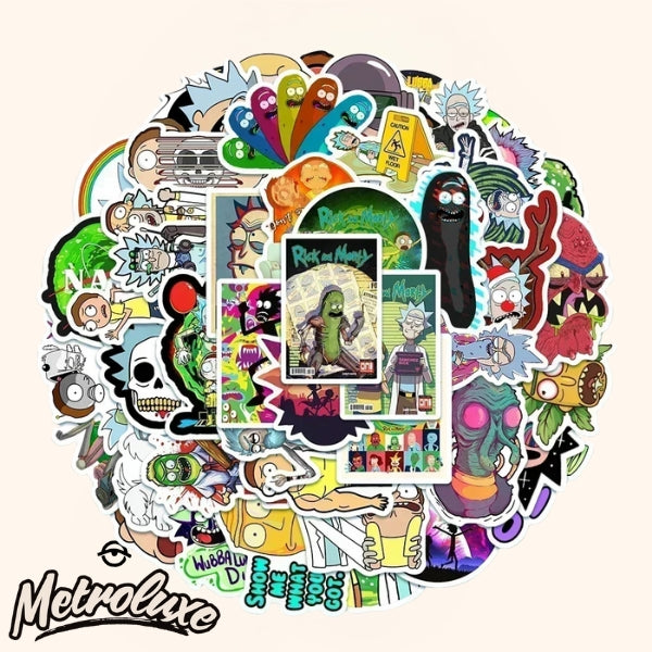 50pcs Ric & Mort vinyl stickers, large, durable, deluxe, for indoor or outdoor use