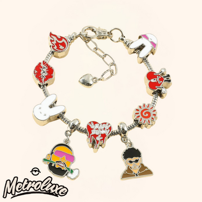 Bracelet with colorful charms on a white background, featuring the brand 'Metro Luxe'.